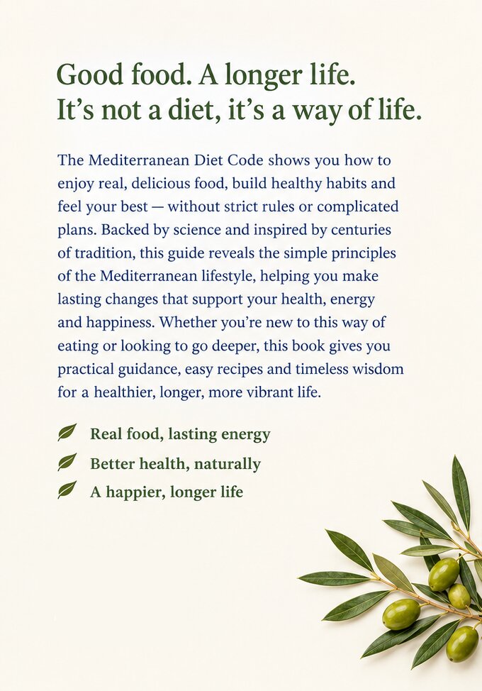 Back cover of The Mediterranean Diet Code showing the science of the Mediterranean diet, PREDIMED trial and olive oil biophenols