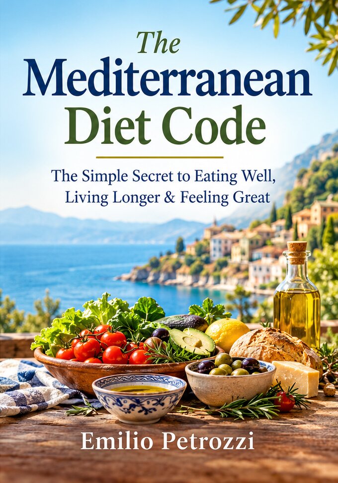Front cover of The Mediterranean Diet Code by Emilio Petrozzi — the simple secret to eating well, living longer and feeling great with the Mediterranean diet